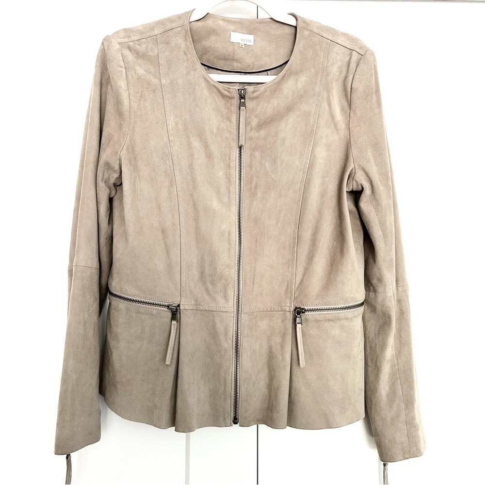 Beige Suede Moto Jacket Minimalist Biker Peplum Spring Weight Cream Size Medium - Picture 3 of 16